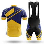 Front and back view of The Bisons Short Sleeve Cycling Set in blue and yellow with abstract geometric patterns, featuring a short-sleeve jersey with rear pockets and bib shorts with black straps and matching design.