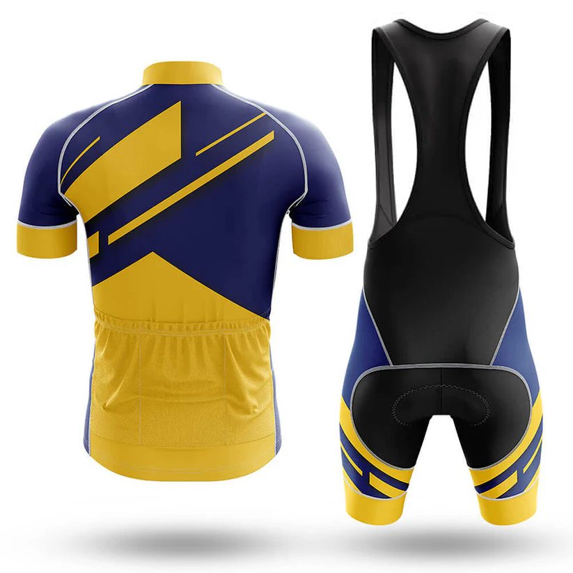 Front and back view of The Bisons Short Sleeve Cycling Set in blue and yellow with abstract geometric patterns, featuring a short-sleeve jersey with rear pockets and bib shorts with black straps and matching design.