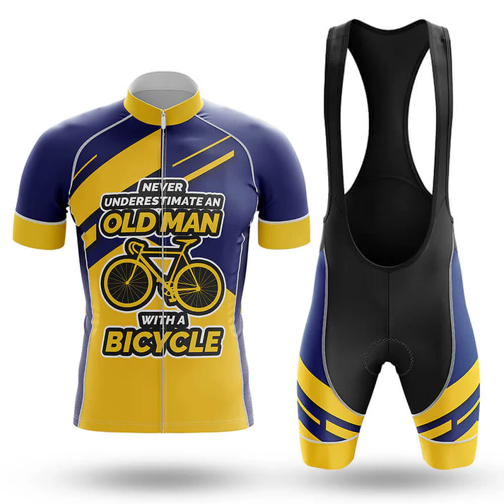 The Bisons Short Sleeve Cycling Set features a blue and yellow jersey with “Never underestimate an old man with a bicycle” and matching bib shorts, offering breathable comfort and style for every ride.