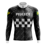 The PEUGEOT Black Retro Long Sleeve Cycling Set boasts a stylish black and white checkered design with PEUGEOT text, green and yellow BP logos on the shoulders, breathable fabric, a white collar, and a front zipper.