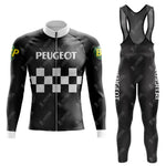 The PEUGEOT Black Retro Long Sleeve Cycling Set includes a jacket with a checkered pattern and a green and yellow BP logo on the sleeve. Matching breathable bib shorts display PEUGEOT text on the side. Available in cozy fleece for cooler rides.
