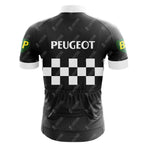 The PEUGEOT Black Retro Short Sleeve Cycling Sets back view showcases a black jersey with PEUGEOT on the upper back, featuring a classic white checkered pattern and green sleeves adorned with BP in bold yellow.