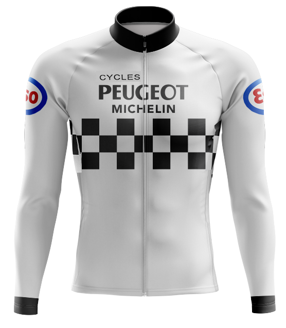 The I'MACYCLING Grandpa Long Sleeve Cycling Jersey features a retro white base, black checkered chest, CYCLES PEUGEOT MICHELIN on the front, and Esso logos on both sleeves.