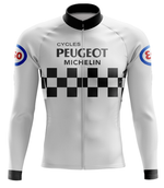 The I'MACYCLING Grandpa Long Sleeve Cycling Jersey features black and white checkered stripes, CYCLES PEUGEOT MICHELIN on the front, Esso logos on the sleeves, and channels classic retro cycling style.