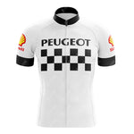 The PEUGEOT White Black Retro Short Sleeve Cycling Set features Peugeot boldly on the chest, with a classic black and white checkered pattern below. Vibrant red and yellow Shell logos adorn the sleeves.