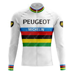 The PEUGEOT White Retro Long Sleeve Cycling Set (With Fleece Option) features a white jersey with vibrant green, yellow, red, black, and blue stripes, Peugeot and Michelin logos on the chest, sleeve patches for added style, and a fleece-lined version for warmth on chilly rides.