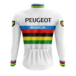 The PEUGEOT White Retro Long Sleeve Cycling Set features sponsor logos Peugeot and Michelin on the back, horizontal stripes in black, red, green, yellow, and blue on a white backdrop, with additional sleeve logos. A fleece-lined option is available.