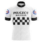 The PEUGEOT White Retro Short Sleeve Cycling Set features a white body with black sleeves, PEUGEOT MICHELIN text, and checkered patterns. Esso logos on the shoulders complete the vintage look.