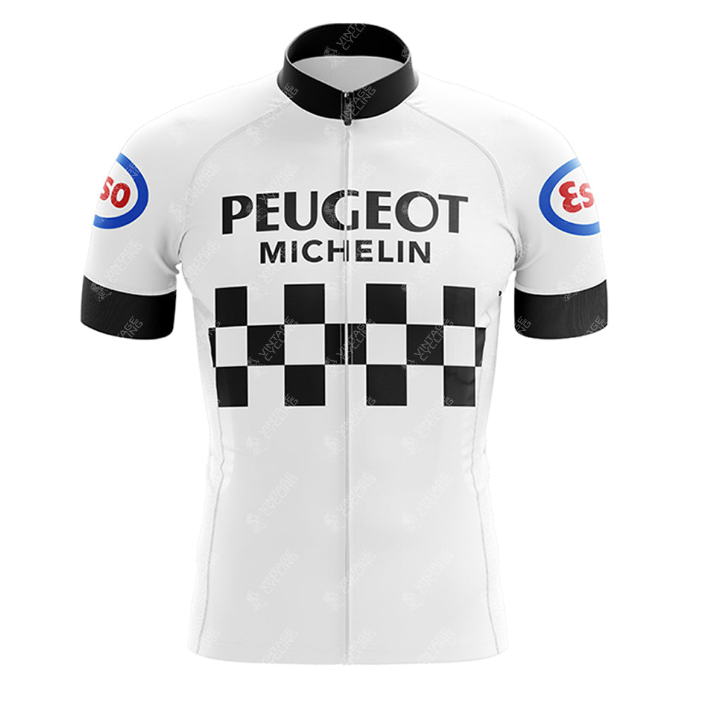 The PEUGEOT White Retro Short Sleeve Cycling Set features a white body with black sleeves, PEUGEOT MICHELIN text, and checkered patterns. Esso logos on the shoulders complete the vintage look.