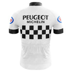 The PEUGEOT White Retro Short Sleeve Cycling Set features a vintage cycling jersey with Peugeot and Michelin logos on the back in bold black text. It showcases a classic black and white checkered design, short black sleeves, and a sleek black collar.