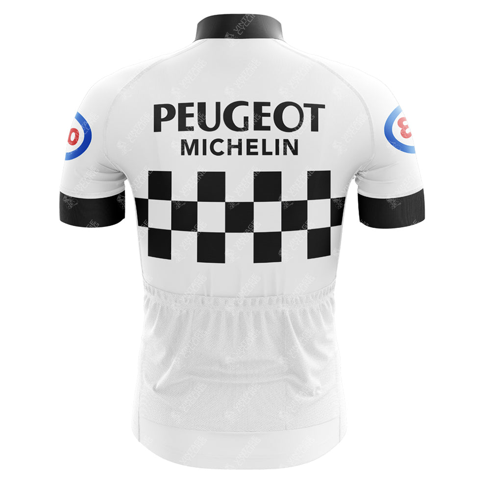 The PEUGEOT White Retro Short Sleeve Cycling Set features a vintage cycling jersey with Peugeot and Michelin logos on the back in bold black text. It showcases a classic black and white checkered design, short black sleeves, and a sleek black collar.