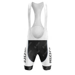 The Vintage Cycling bib shorts feature a white upper, black lower, and Peugeot vertically on both legs, with a thin back strap and breathable mesh fabric. They pair perfectly with the PEUGEOT White Retro Short Sleeve Cycling Set.