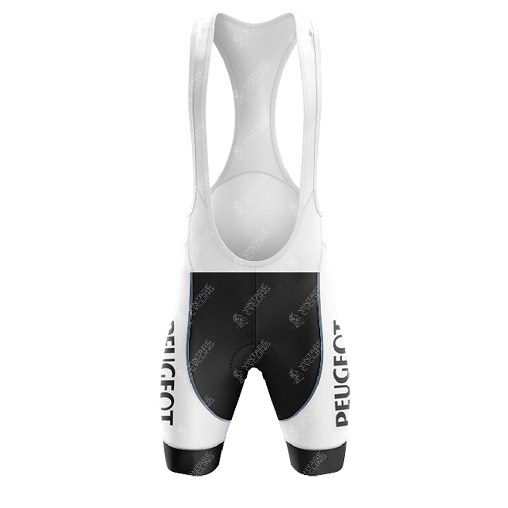 The Vintage Cycling bib shorts feature a white upper, black lower, and Peugeot vertically on both legs, with a thin back strap and breathable mesh fabric. They pair perfectly with the PEUGEOT White Retro Short Sleeve Cycling Set.