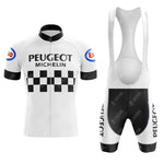 The PEUGEOT White Retro Short Sleeve Cycling Set includes a white jersey with black checkered stripes, Peugeot and Michelin logos, Esso patches on the sleeves, and bib shorts featuring a vertical Peugeot print.