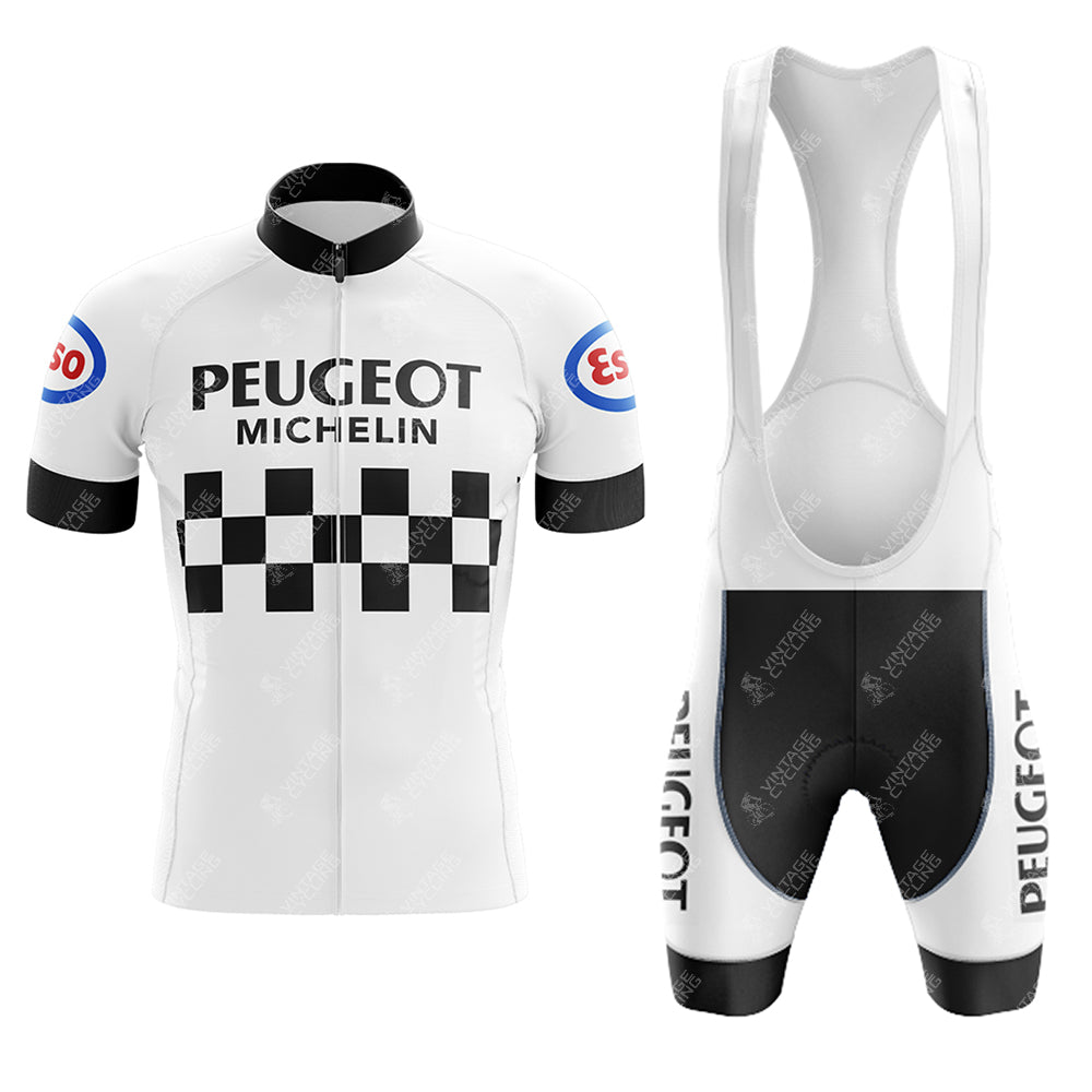 The PEUGEOT White Retro Short Sleeve Cycling Set includes a white jersey with black checkered stripes, Peugeot and Michelin logos, Esso patches on the sleeves, and bib shorts featuring a vertical Peugeot print.