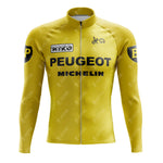 The PEUGEOT Yellow Retro Long Sleeve Cycling Set features logos like Peugeot and Michelin in black, a full front zipper, and shoulder accents, making it ideal for cycling enthusiasts.