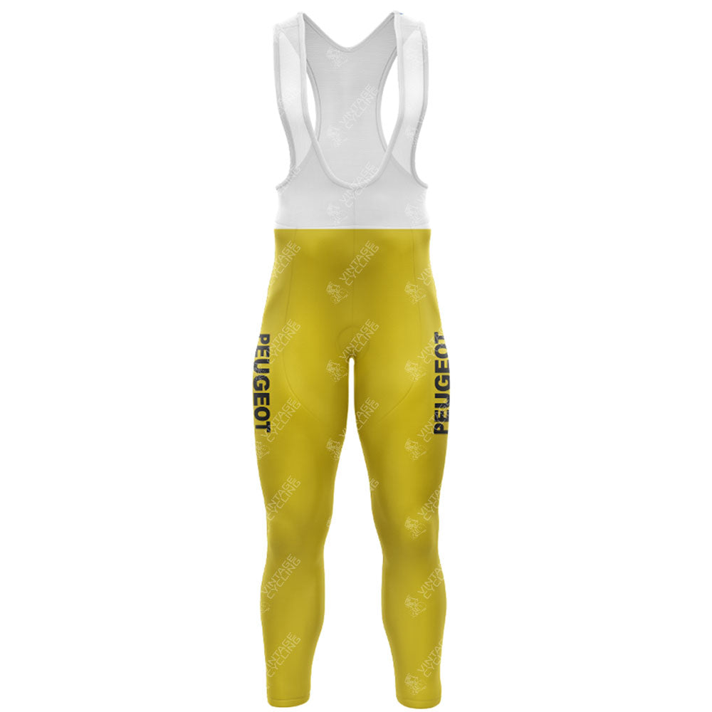 The PEUGEOT Yellow Retro Long Sleeve Cycling Set, featuring a white upper and PEUGEOT in black on the thighs, is perfect for a sleek look on any plain road. Choose the fleece option for added warmth.