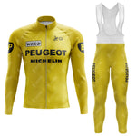 The PEUGEOT Yellow Retro Long Sleeve Cycling Set features black logos and text for Peugeot and Michelin, along with a long-sleeve jersey with a white zipper and matching bib pants with shoulder straps. It also includes a cozy fleece option for cooler rides.
