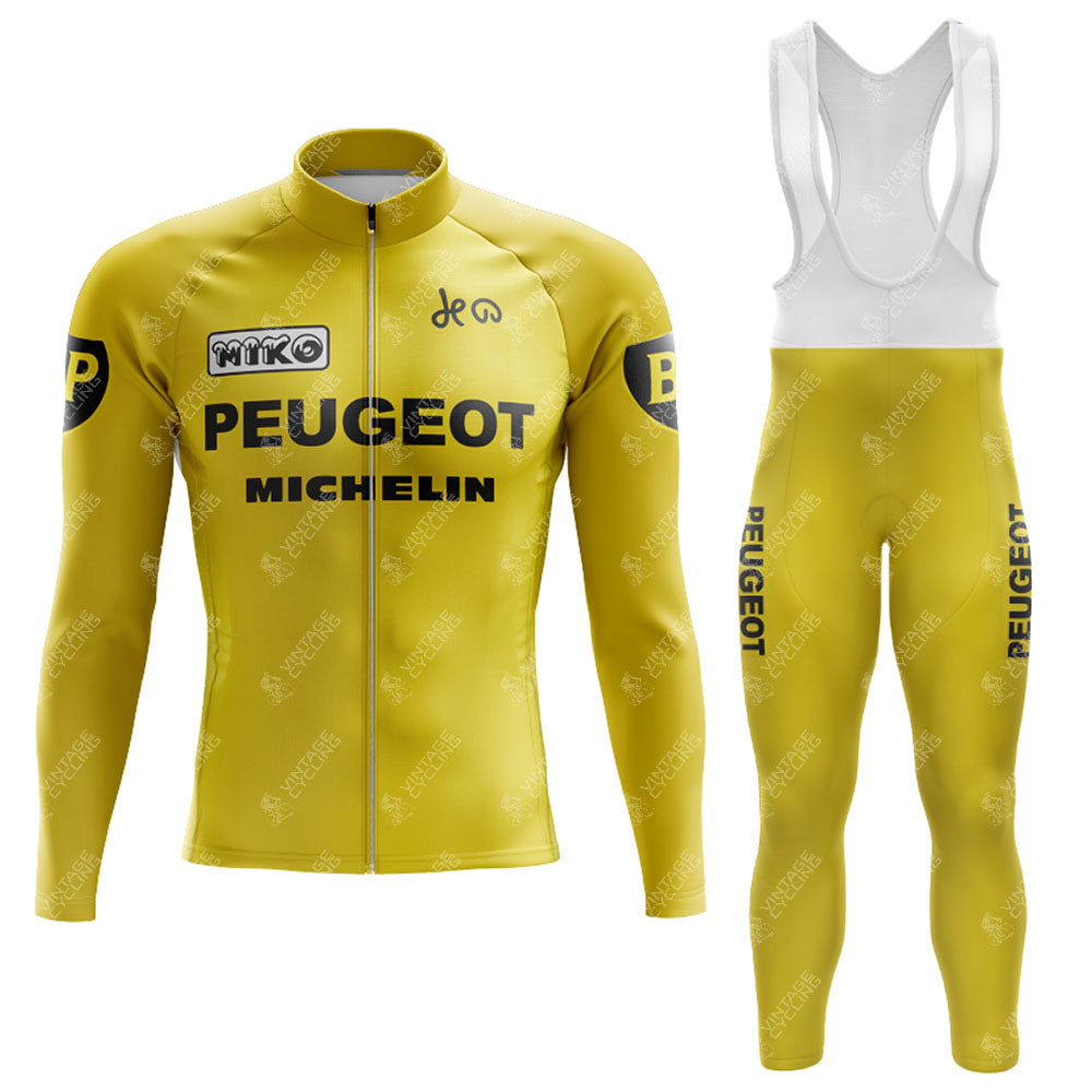 The PEUGEOT Yellow Retro Long Sleeve Cycling Set features black logos and text for Peugeot and Michelin, along with a long-sleeve jersey with a white zipper and matching bib pants with shoulder straps. It also includes a cozy fleece option for cooler rides.
