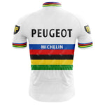 Back of the PEUGEOT color Retro Short Sleeve Cycling Set, featuring a vintage vibe with MICHELIN on top. It has colorful stripes in blue, red, black, yellow, and green, plus BP logos on each sleeve.