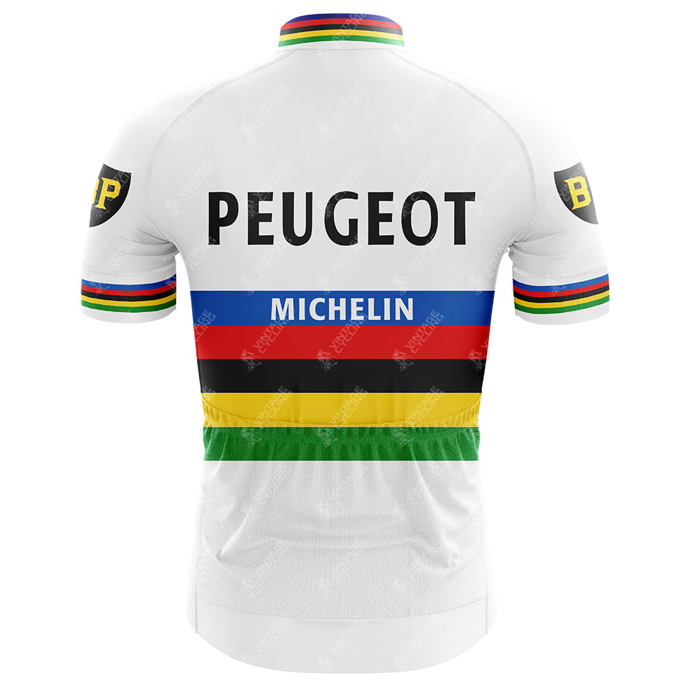 Back of the PEUGEOT color Retro Short Sleeve Cycling Set, featuring a vintage vibe with MICHELIN on top. It has colorful stripes in blue, red, black, yellow, and green, plus BP logos on each sleeve.