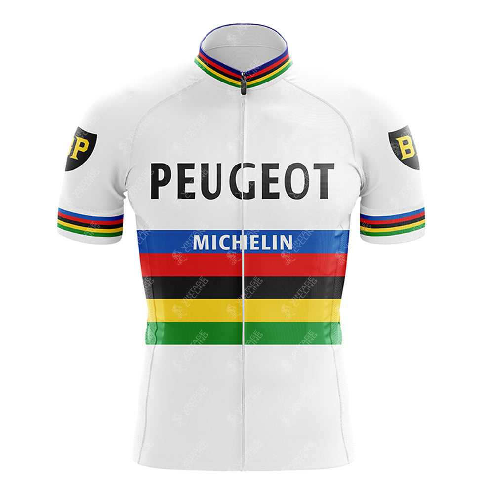 Experience the vintage charm of the PEUGEOT color Retro Short Sleeve Cycling Set, featuring rainbow-striped sleeves and collar, PEUGEOT on the chest, MICHELIN below, and black shield patches with BP for a classic touch.