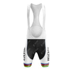 A white and black cycling bib shorts set with BELGEOT text on the left side, featuring a racerback design and colorful leg hem stripes, inspired by PEUGEOT retro style.