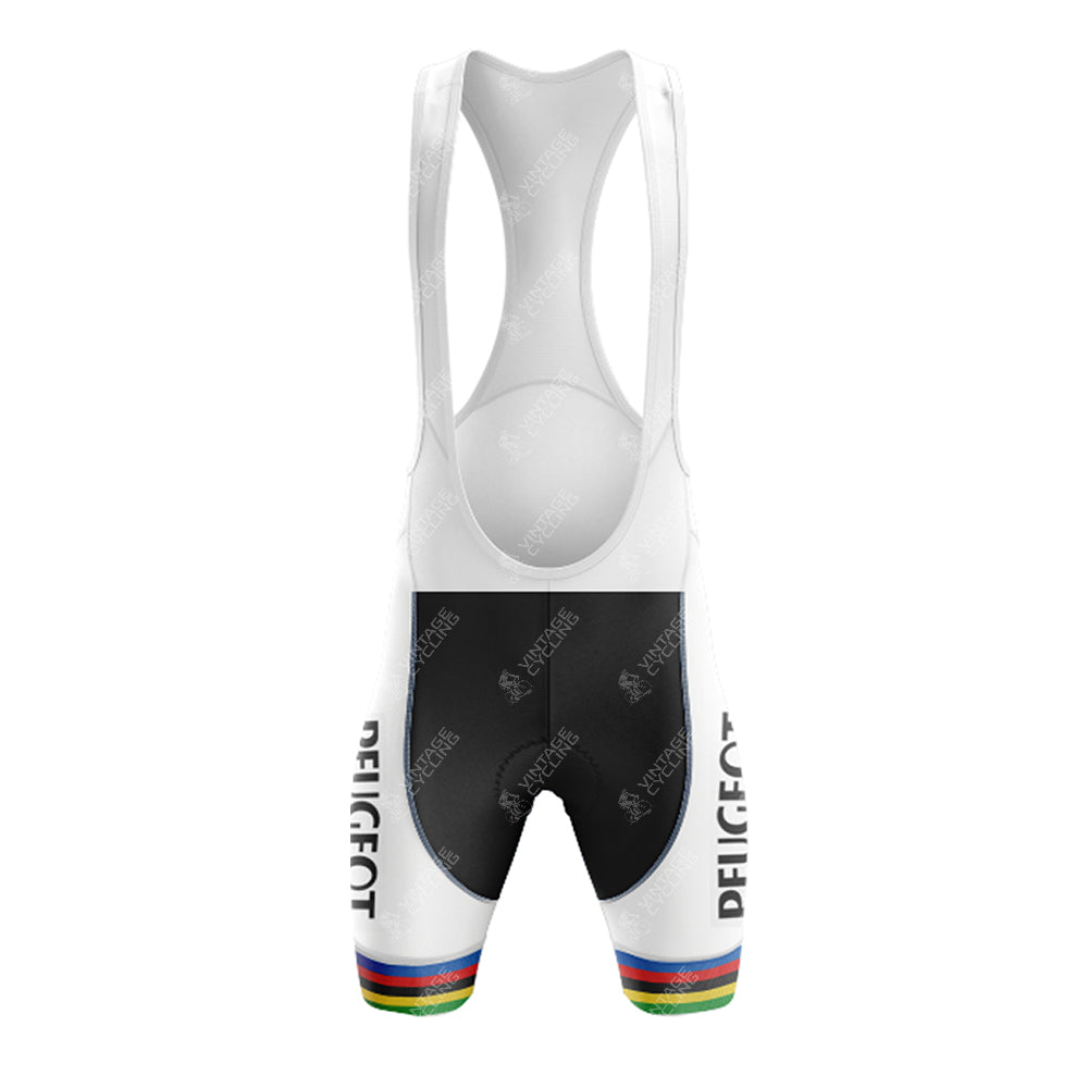 A white and black cycling bib shorts set with BELGEOT text on the left side, featuring a racerback design and colorful leg hem stripes, inspired by PEUGEOT retro style.