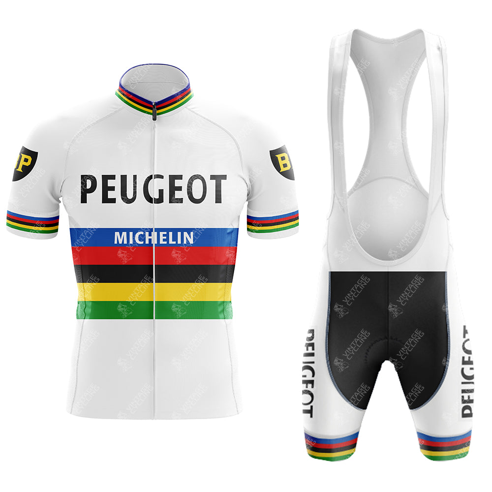 The PEUGEOT color Retro Short Sleeve Cycling Set includes a white jersey and bib shorts with rainbow stripes and vintage cycling design. PEUGEOT and MICHELIN appear along with a P logo on the sleeves, while the shorts feature PEUGEOT and rainbow cuffs.