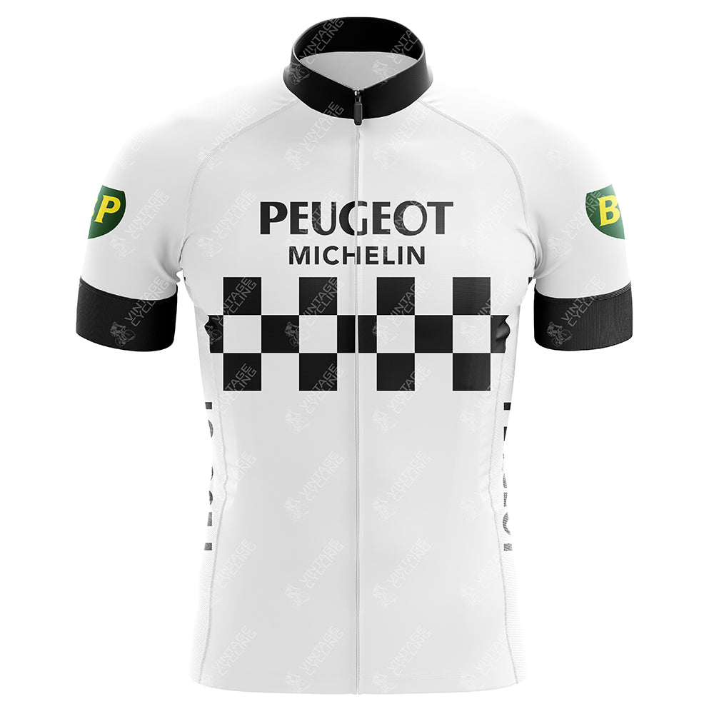 The Classic 1960s Peugeot Retro Cycling Jersey features a black checkered design with Peugeot Michelin text and green BP logos on the sleeves, complemented by a sleek black collar and sleeve ends.