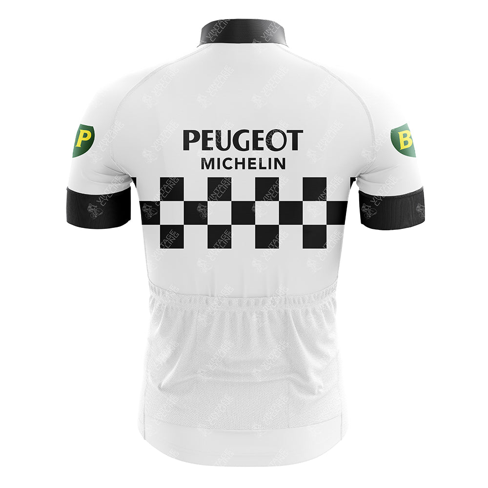 The image features the Classic 1960s Peugeot Retro Cycling Jersey, with a checkered pattern and PEUGEOT MICHELIN text on the back, accented by green circular logos with yellow BP on the sleeves.