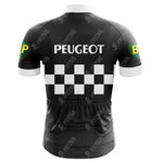 The Peugeot BP Retro Cycling Jersey features a black and white checkered back with bold PEUGEOT text. Made from quick-drying polyester, it includes green and yellow sleeve logos and an internal silicone waist strip for the perfect fit.