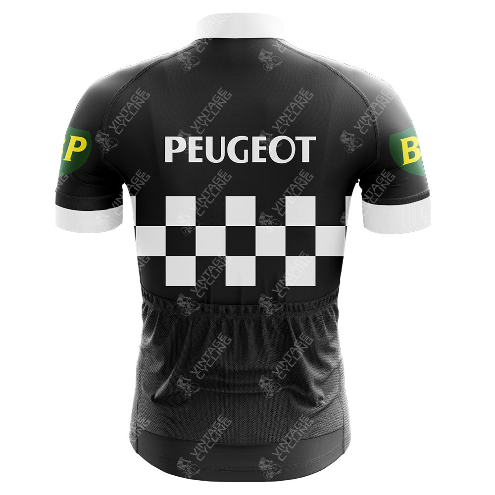 The Peugeot BP Retro Cycling Jersey features a black and white checkered back with bold PEUGEOT text. Made from quick-drying polyester, it includes green and yellow sleeve logos and an internal silicone waist strip for the perfect fit.