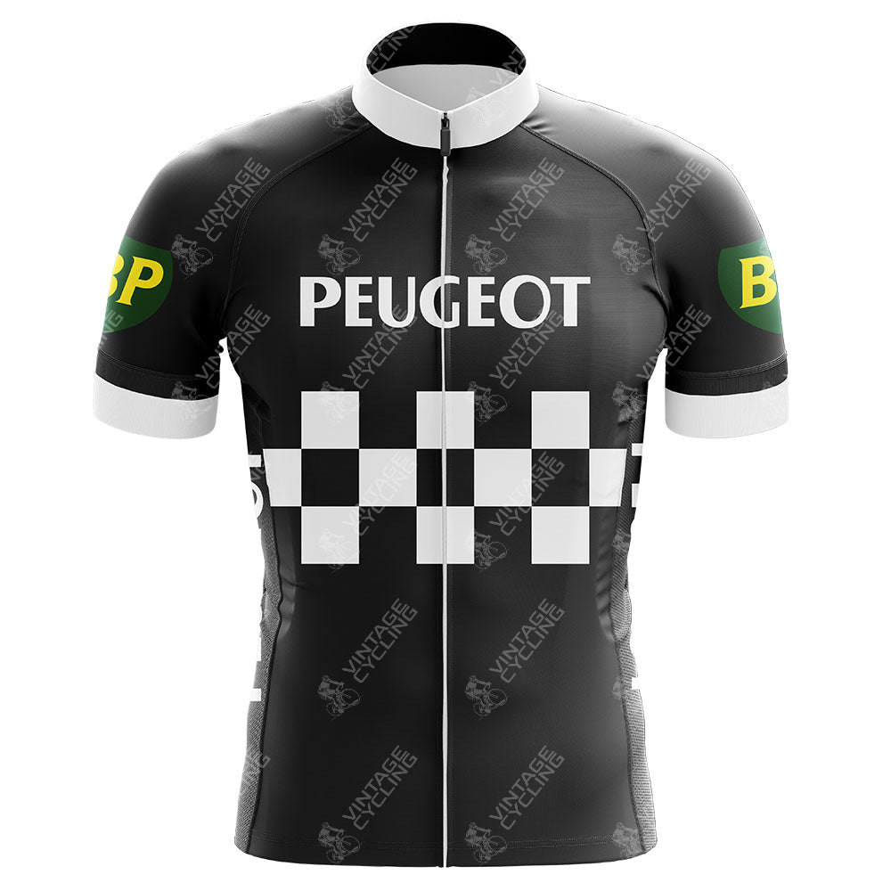 Meet the Peugeot BP Retro Cycling Jersey, made from quick-drying polyester. It showcases a black and white checkered design with Peugeot on the chest and green patches with yellow BP logos on the sleeves. A silicone waist strip ensures a perfect fit during your ride.
