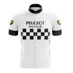 The Peugeot Black White Retro Short Sleeve Cycling Set features a white jersey with a black checkered pattern, Peugeot and Michelin logos on the front, vintage BP logos on the sleeves, and black stripes.