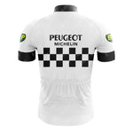 Vintage cycling fans will adore the Peugeot Black White Retro Short Sleeve Cycling Set, featuring PEUGEOT and MICHELIN text on the back with a black and white checkered design. The sleeves display BP logos, complemented by a sleek black collar and sleeve ends.