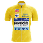 The Reynolds Aluminio Retro Cycling Jerseys, inspired by Pedro Delgados era, celebrate the iconic Tour de France with a yellow design featuring sponsor logos like Credit Lyonnais, a front zipper, and short sleeves.