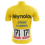 This yellow cycling jersey, inspired by the Reynolds Aluminio Retro Cycling Jerseys, features Reynolds and Credit Lyonnais text with two race numbers reading 171 over RICOH. Made from breathable material, its short sleeves echo the spirit of the Tour de France.
