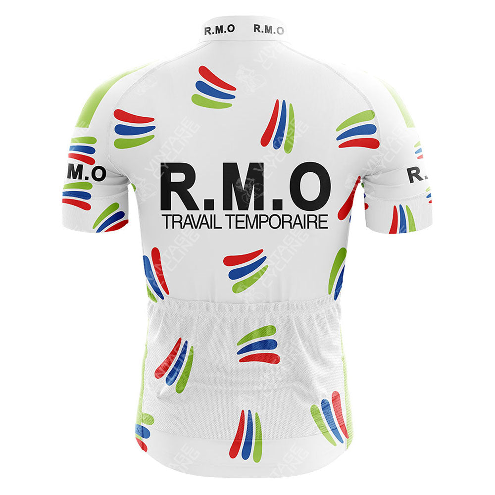 Back view of the R.M.O Retro Short Sleeve Cycling Set featuring “R.M.O TRAVAIL TEMPORAIRE” in black and abstract blue, red, and green brushstroke patterns. Ideal for fans of vintage cycling style.