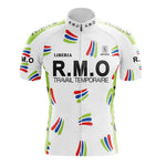 The R.M.O Retro Short Sleeve Cycling Set (Copy) is a vintage jersey with green accents, red, blue, and green abstract shapes, LIBERIA and R.M.O TRAVAIL TEMPORAIRE on the front, plus a small Servary logo—a classic cycling look.