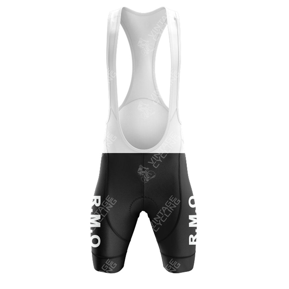 Black and white cycling bib shorts with “RMO” and “VINTAGE CYCLING” text on the legs. Perfectly pairs with the R.M.O Retro Short Sleeve Cycling Set (Copy) or your favorite vintage jersey for a classic look.