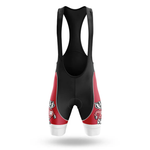 The Assuming Old Man Short Sleeve Cycling Set features black and red bib shorts with white leg bands, a cartoon badger mascot on each thigh, wide black straps, padded seat area, and customizable cycling gear options.