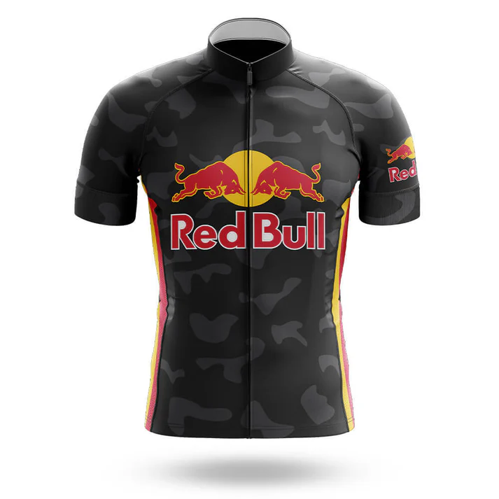 The Iggles Short Sleeve Cycling Set features a black jersey with a subtle camo pattern, bold Red Bull logo on the chest and sleeve, and yellow-red side accents—an ideal addition to any Red Bull cycling collection.