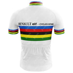 The Renault Elf Gitane Retro Cycling Jersey Set features a back view of a white, retro jersey with rainbow stripes on the chest and sleeves and the RENAULT elf - CYCLES GITANE branding in black, capturing classic Tour de France nostalgia.