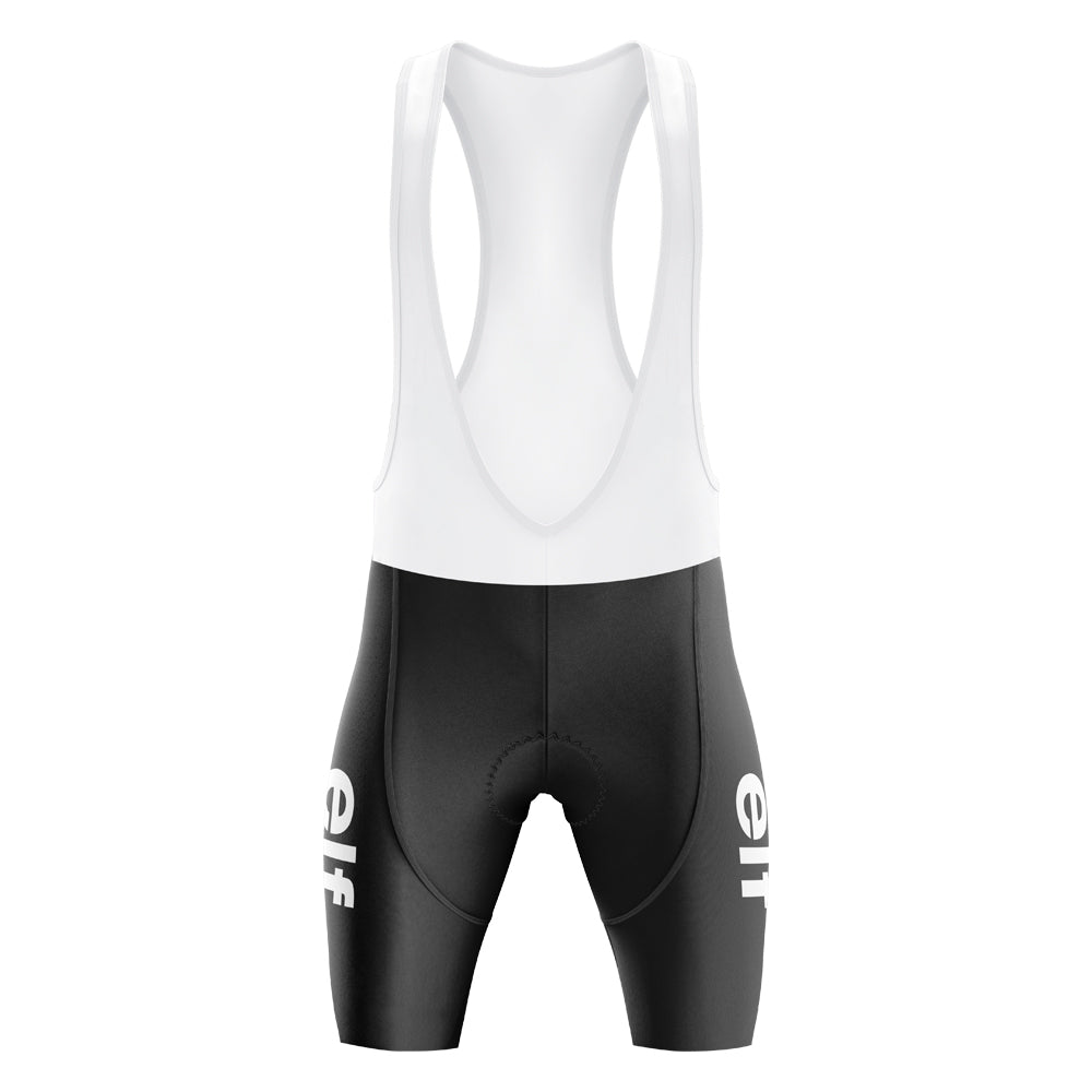The Renault Gitane Retro Short Sleeve Cycling Set features black bib shorts with white straps and "elf" printed vertically in white on each leg, plus a padded seat for comfort, inspired by the classic Renault Elf Gitane kit.