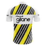 The back of the Renault Gitane Retro Cycling Jersey features diagonal black and yellow stripes on lightweight polyester, with Renault and Gitane logos in black. A nod to Bernard Hinaults era, it also has white sleeves adorned with the classic Renault logo.