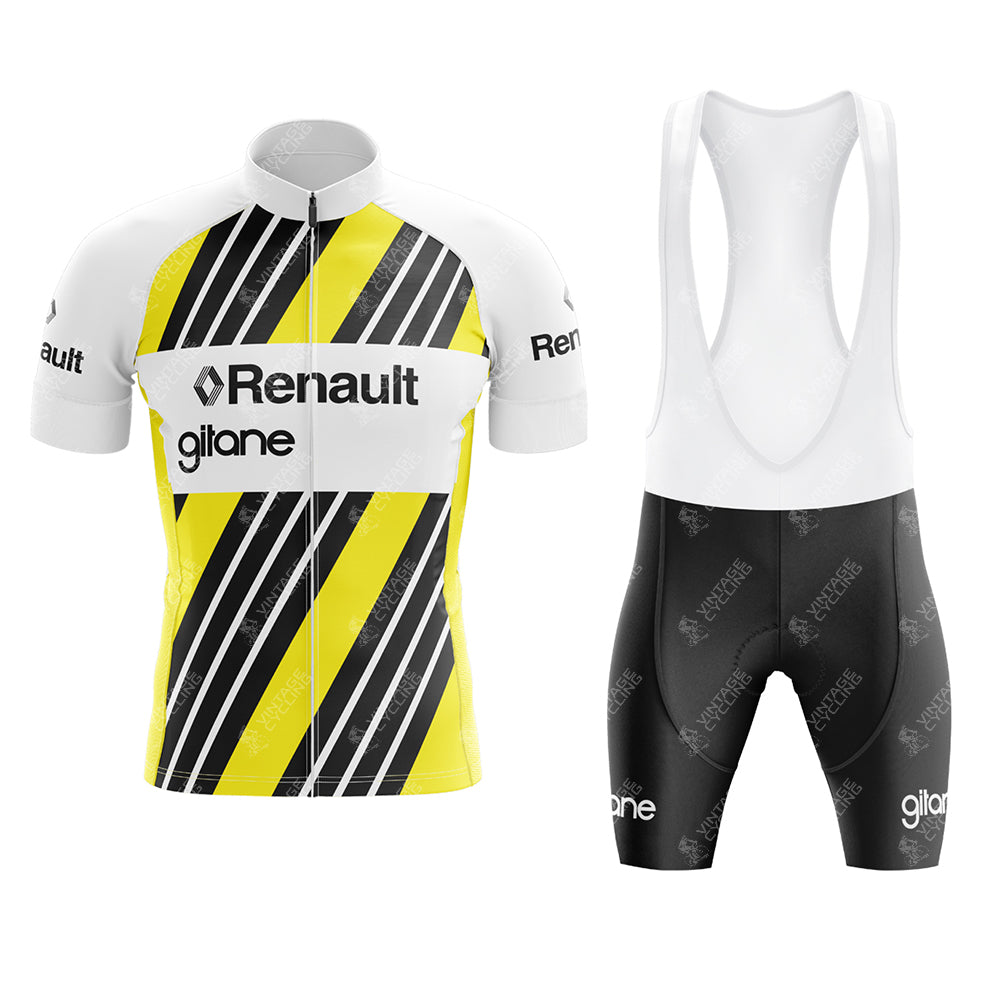 The Renault Gitane Yellow Retro Short Sleeve Cycling Set includes a vintage jersey with white, black, and yellow diagonal stripes, Renault and gilane logos, black trim, plus matching black bib shorts with a white upper and gilane branding.
