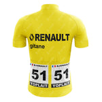 A yellow EPEDEX Tricatel Retro Retro Cycling Jersey featuring Renault and Gitane logos, two race numbers labeled 51, and B. Hinault & Yoplait tags—a must-have for retro cycling jersey collectors.
