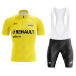 A retro cycling set inspired by the US Postal Service in yellow Tour de France style, featuring a short sleeve jersey and matching bib shorts—capture the classic look with the US Postal Service Yellow Tour de France Cycling Set.