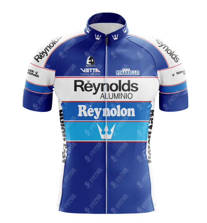 Explore the Reynolds Aluminio Retro Cycling Jerseys in blue, white, and black. Featuring logos like Reynolds Aluminio and Pinarello, this jersey is inspired by Pedro Delgados Tour de France era with classic crown motifs and a full front zipper for style and comfort on every ride.